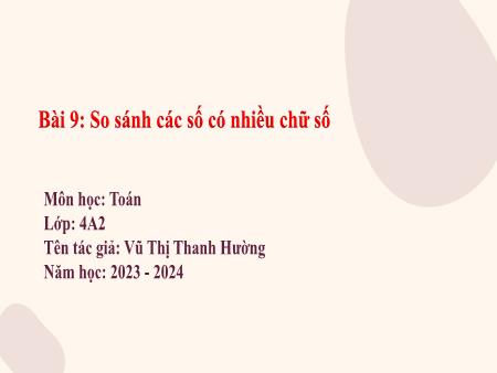 Bài giảng Toán Lớp 4 - Bài 9: So sánh các số có nhiều chữ số - Năm học 2023-2024 - Vũ Thị Thanh Hường
