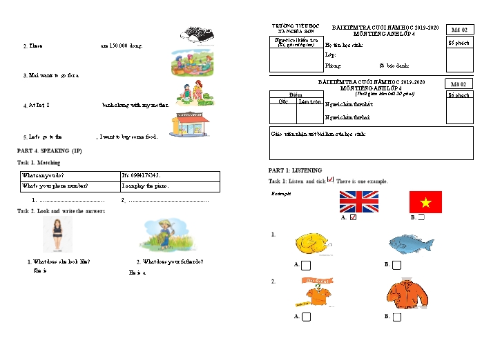 Bài kiểm tra cuối năm môn Tiếng Anh Lớp 4 - Năm học 2019-2020 - Trường Tiểu học Nghĩa Sơn - Mã 02 (Có file nghe)