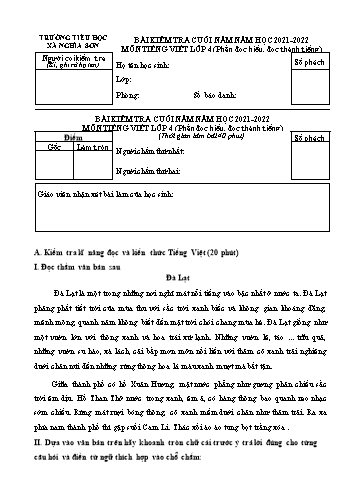 Bài kiểm tra cuối năm môn Tiếng Việt Lớp 4 (Phần đọc hiểu, đọc thành tiếng) - Năm học 2021-2022 - Trường Tiểu học Nghĩa Sơn (Có đáp án)