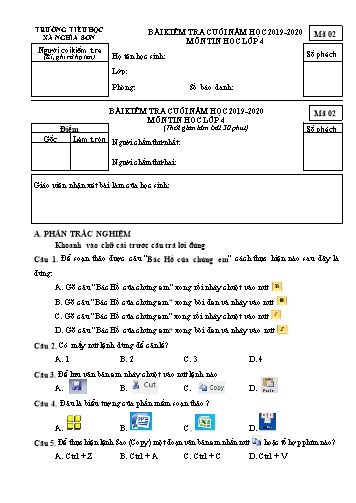 Bài kiểm tra cuối năm môn Tin học Lớp 4 - Năm học 2019-2020 - Trường Tiểu học Nghĩa Sơn - Mã 02