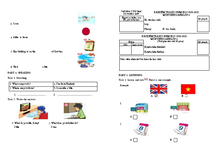 Bài kiểm tra kì I môn Tiếng Anh Lớp 4 - Năm học 2020-2021 - Trường Tiểu học Nghĩa Sơn (Có file nghe + đáp án)