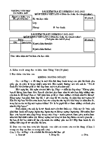 Bài kiểm tra kì I môn Tiếng Việt Lớp 4 (Phần đọc hiểu, đọc thành tiếng) - Năm học 2021-2022 - Trường Tiểu học Nghĩa Sơn (Có đáp án)