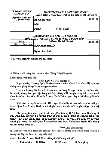 Bài kiểm tra kì I môn Tiếng Việt Lớp 4 (Phần đọc hiểu, đọc thành tiếng) - Năm học 2020-2021 - Trường Tiểu học Nghĩa Sơn