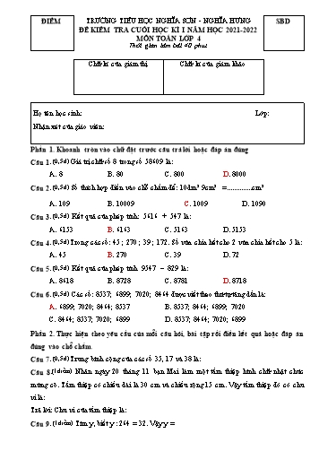 Đề kiểm tra cuối học kì I môn Toán Lớp 4 - Năm học 2021-2022 - Trường Tiểu học Nghĩa Sơn (Có đáp án)