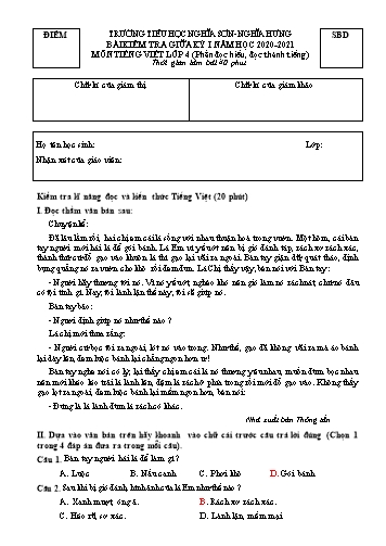 Đề kiểm tra giữa kỳ I môn Tiếng Việt Lớp 4 (Phần đọc hiểu, đọc thành tiếng) - Năm học 2020-2021 - Trường Tiểu học Nghĩa Sơn