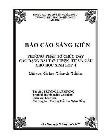 Sáng kiến kinh nghiệm Phương pháp tổ chức dạy các dạng bài tập luyện từ và câu cho học sinh lớp 4