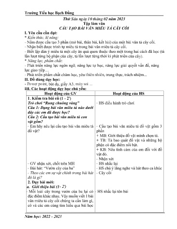 Giáo án Tiếng Việt 4 (Kết nối tri thức) - Bài: Cấu tạo bài văn miêu tả cây cối - Năm học 2023-2024 - Trường Tiểu học Bạch Đằng