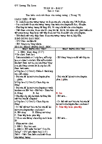 Giáo án Tiếng Việt 4 (Viết) Sách Kết nối tri thức - Tuần 10, Bài 17: Tìm hiểu cách viết đoạn văn tưởng tượng (Tiết 3 - Trang 79) - Lương Thị Loan