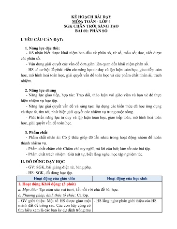 Kế hoạch bài dạy Toán Lớp 4 Chân Trời Sáng Tạo - Bài 60: Phân số
